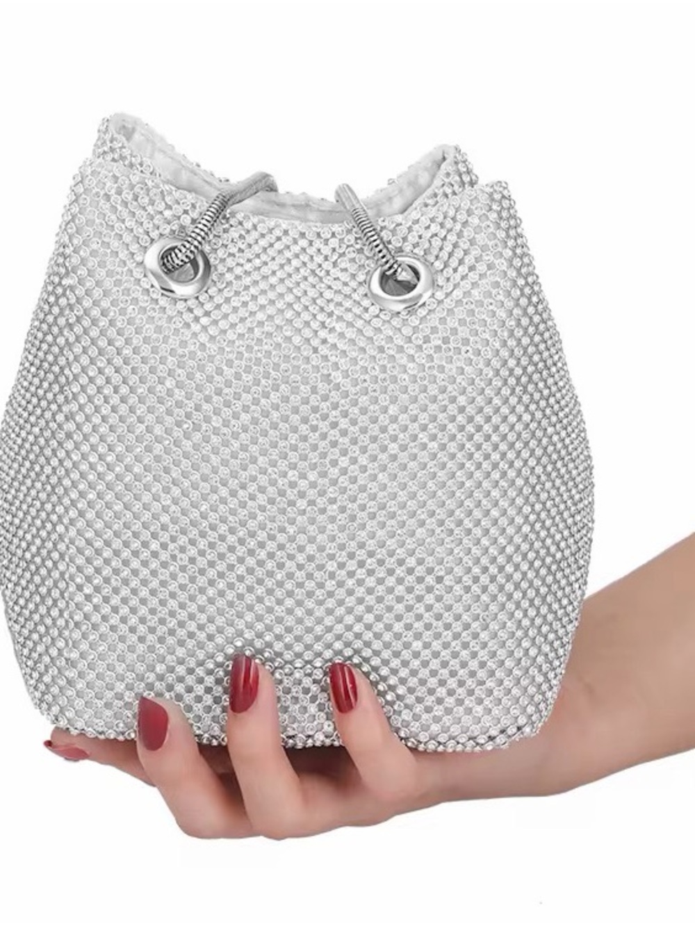 Silver Crystal Mesh Drawstring Evening Bag